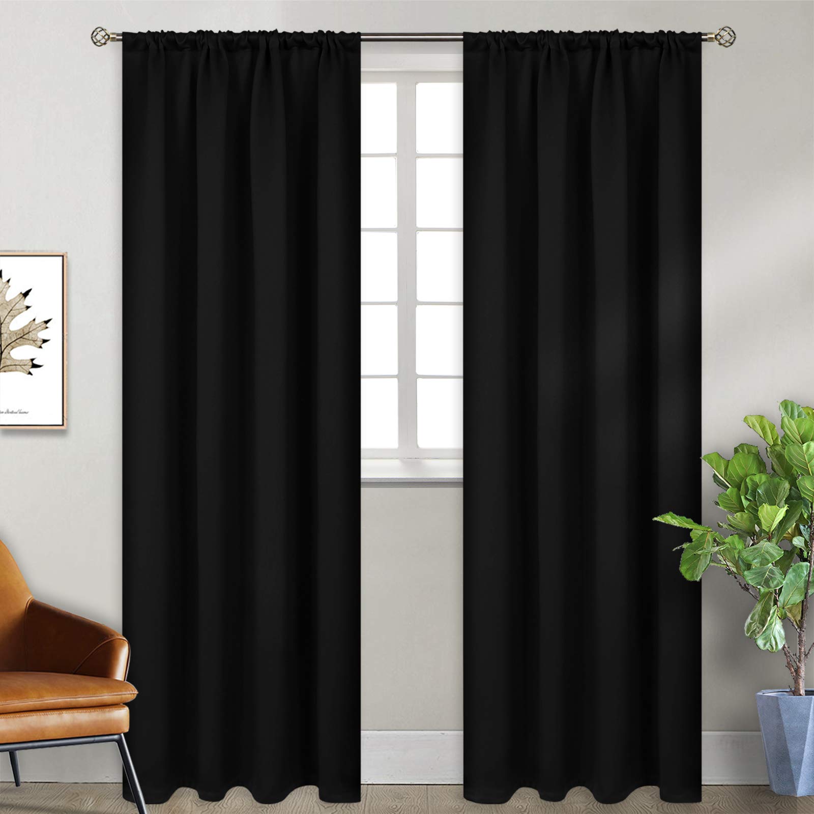 Bgment Blackout Curtains 90 Inches Length For Bedroom - Rod Pocket Room Darkening Window Drapes Binds For Living Room Office, Black, 2 Panels, 52 X 90 Inch