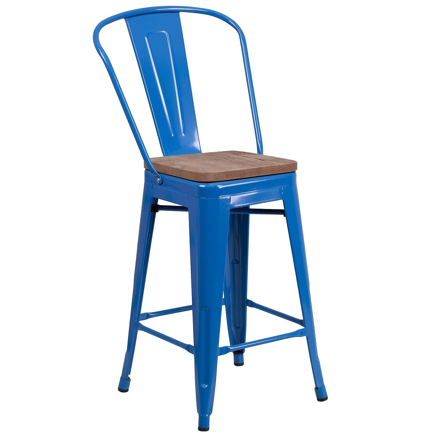 Flash Furniture Lily 24&quot; High Blue Metal Counter Height Stool With Back And Wood Seat