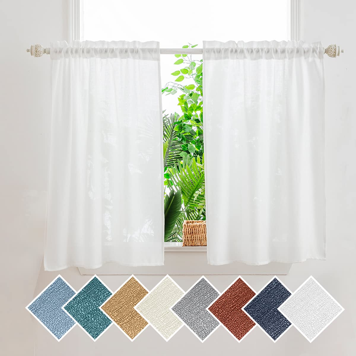 Yancorp White Kitchen Tier Curtains 36 inches Length Linen Textured Short Curtains Farmhouse Cafe Curtains Small Window for Bath