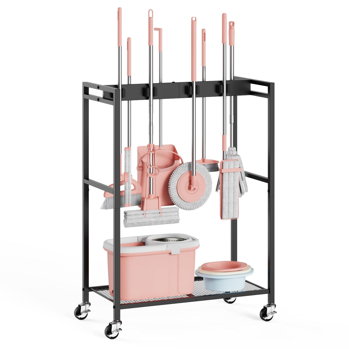 Broom and Mop Holder, MUNNAR Broom Closet Storage Cabinet, Cleaning Cart with Broom and Mop Hanger, Janitorial Cart with Wheels 