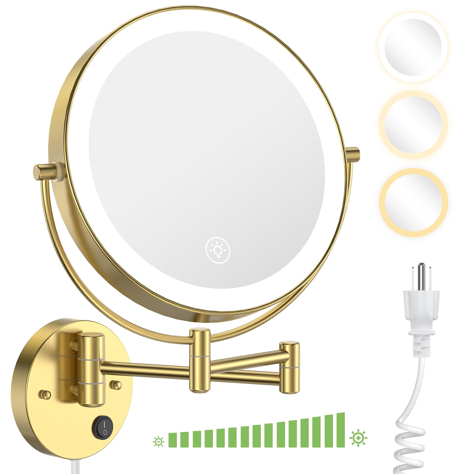 Wall Mounted Lighted Makeup Mirror - 9 Inch Large Double Sided 1X/10X Magnifying LED Vanity Mirror with 3 Color Lights & Steples