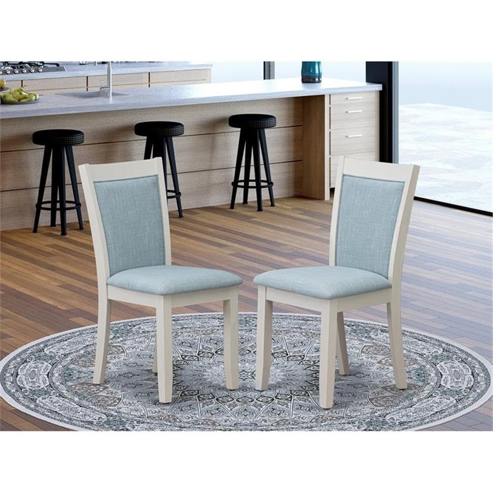 East West Furniture MZC0T15 Monza Parsons Dining Chairs - Baby Blue Linen Fabric Padded Chairs, Set of 2, Wirebrushed Linen White