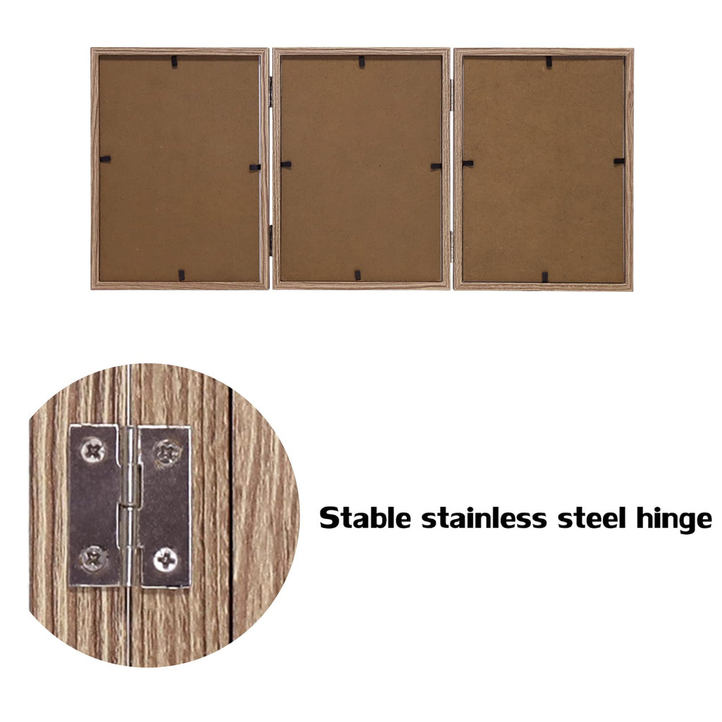 3 Picture Frame 4X6 Triple Hinged Mdf Wood Grain With Glass Front Three Opening Photo Frame Stand Vertical On Tabletop