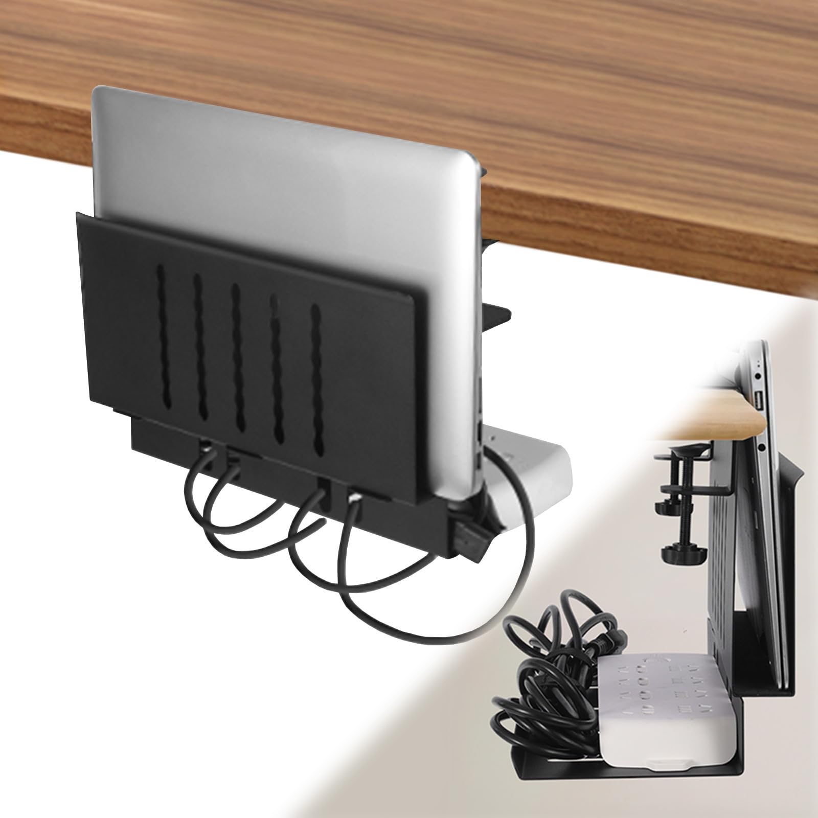 Luketure Desk Side Storage, Laptop Holder With Cable Management Tray, 2 In 1 Steel Under Desk Laptop Mount, Table Organization,