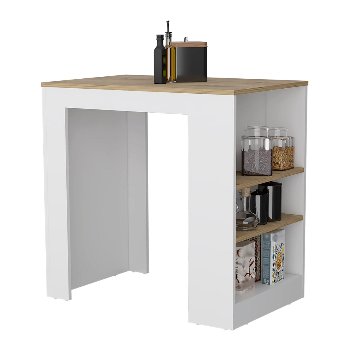 Kitchen Island, Kitchen Bar Table 36&quot; H, With 3-Side Shelves, White/Macadamia