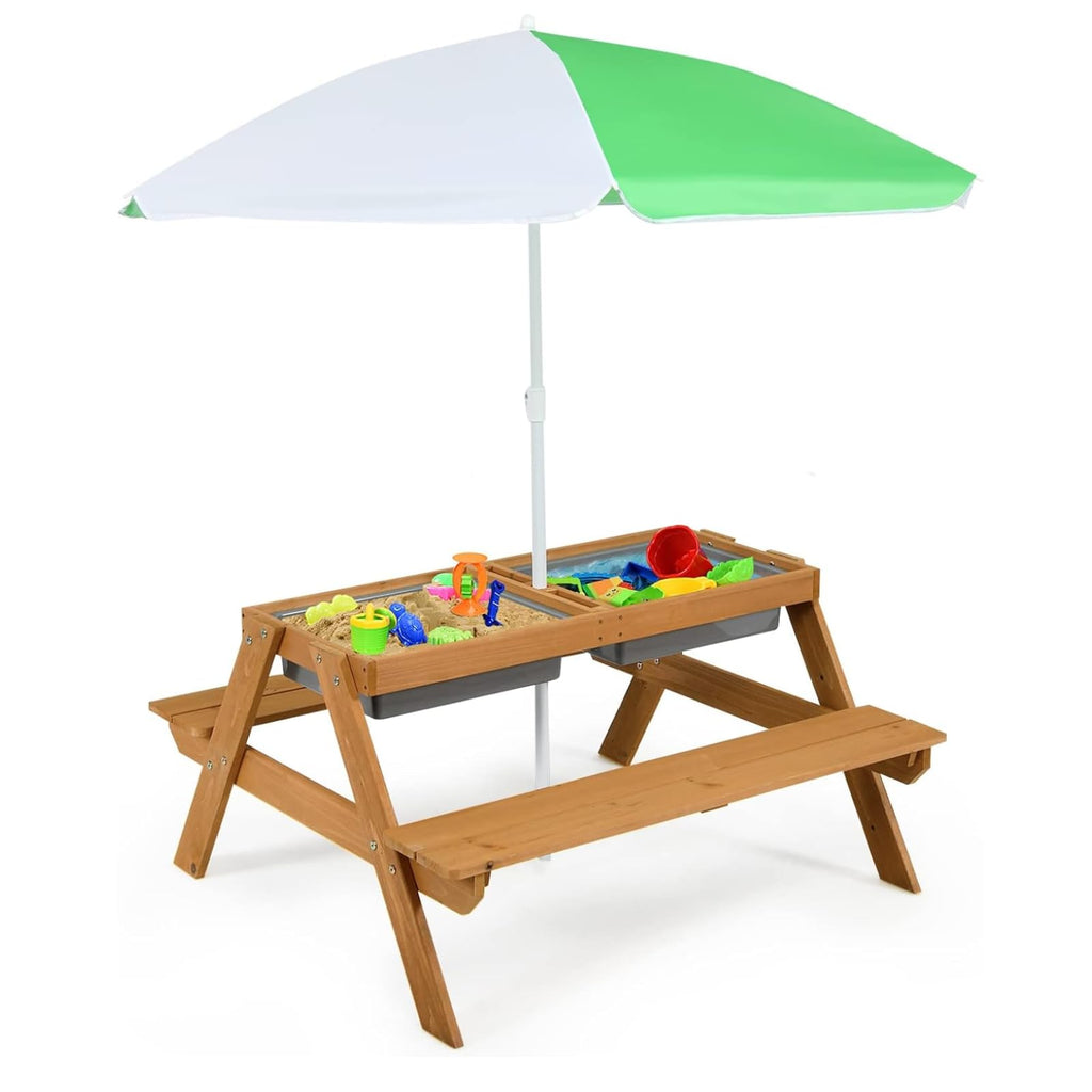 Honey Joy Kids Picnic Table, 4 In 1 Cedar Wooden Sand & Water Table W/ 2 Removable Box & Umbrella, Kids Picnic Tables For Outdoors Backyard Garden, Toddler Patio Furniture Set For Boys Girls(Natural)