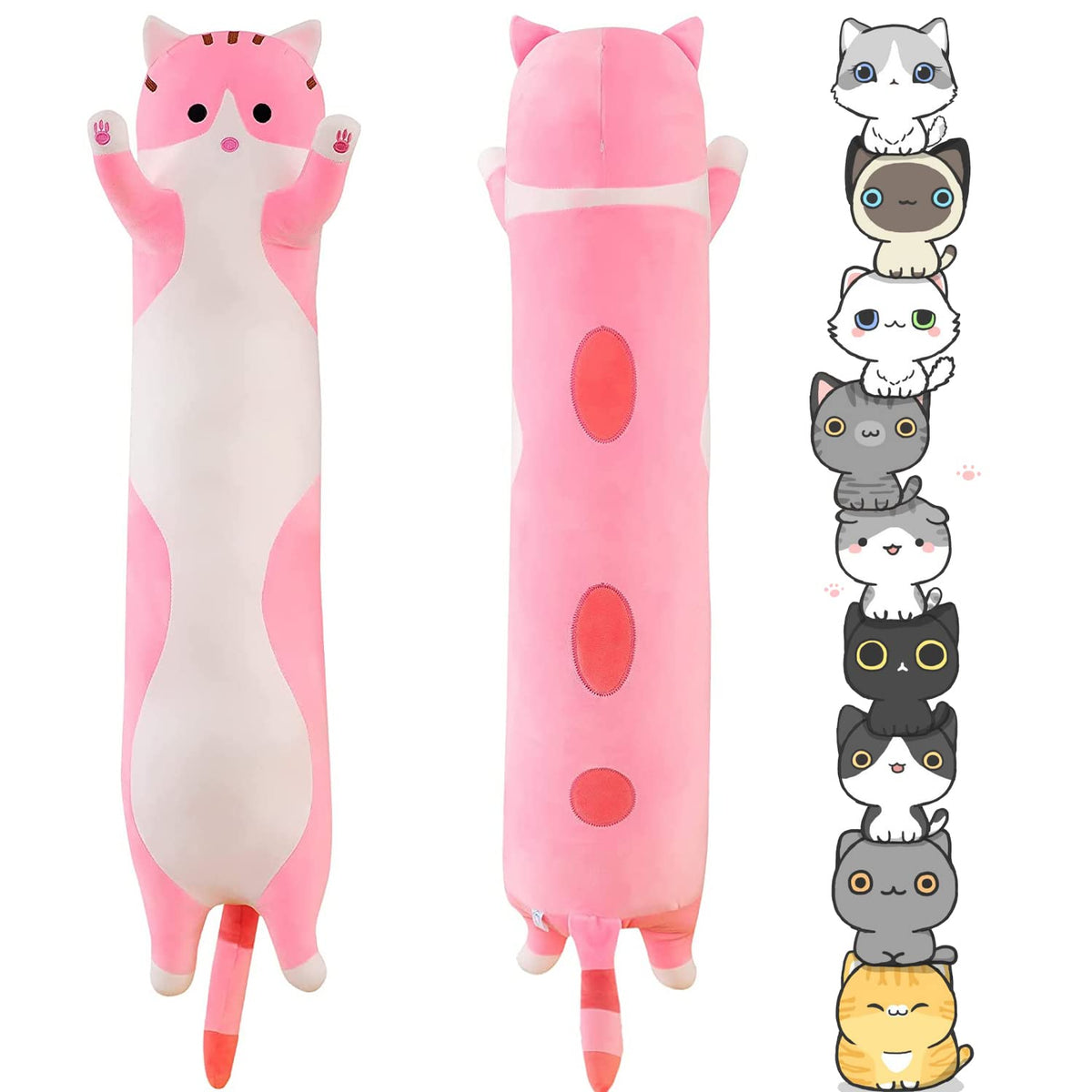 Handytoolinc Soft Cat Plush Pillow Long Stuffed Animals Sleeping Pillow Cotton Kitten Pillow Cute Long Body Pillow Gift for Kids