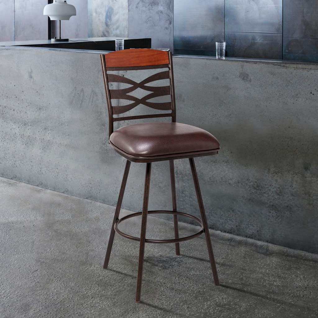 HomeRoots Ford Brown Metal, Wood, Faux Leather, Foam 30' Brown Faux Leather Speckled Metal and Maple Wood Bar Stool