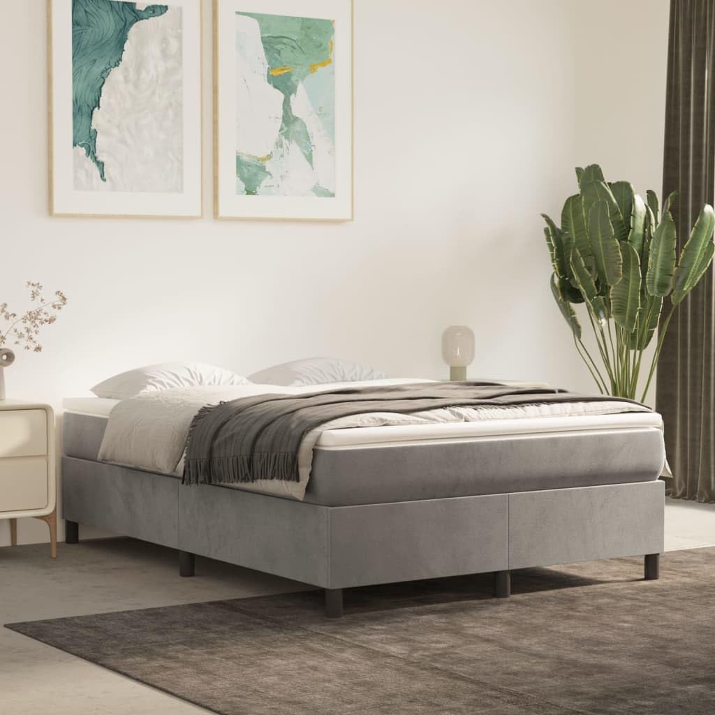 vidaXL Queen Size Box Spring Bed Frame - Light Gray Velvet Finish with Plywood and Engineered Wood - 81.1 x 59.8 x 13.8