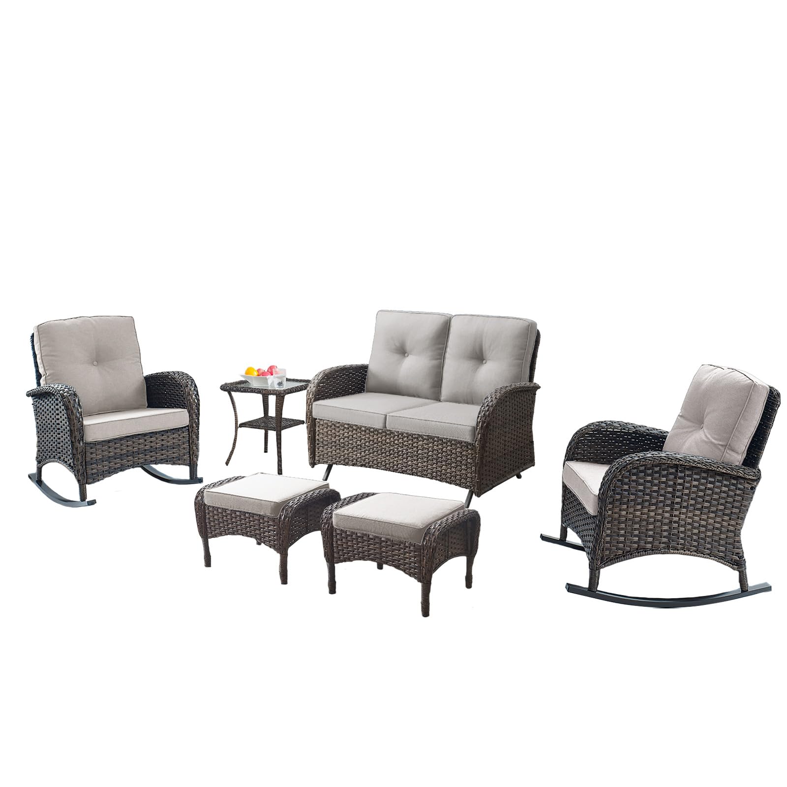 Belord 6 Pieces Outdoor Patio Furniture Set With Wicker Rocking Chairs, Rattan Patio Conversation Set With Glider Loveseat Ottomans And Side Table Brown/Beige