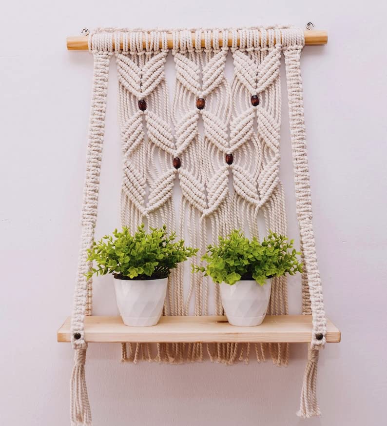 Looks Hand Work | Lhw03 | Modern Macrame Wall Hanging Shelf Bohemian Designs With Pine Wood Shelves And Cotton Cord