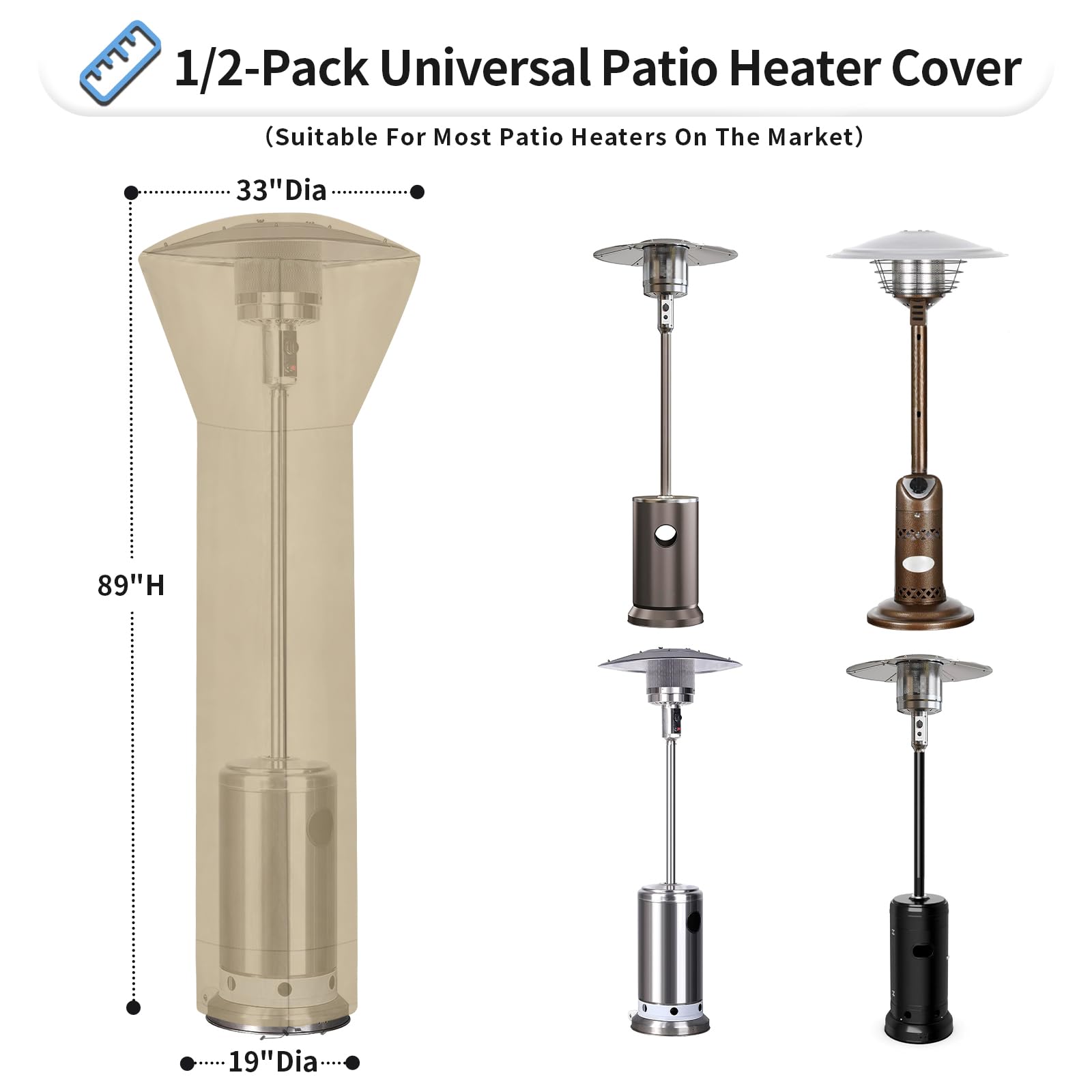 Outdoorlines Waterproof Outdoor Patio Heater Covers With Zipper And Storage Bag, Dust-Proof Uv-Resistant Windproof Propane Heavy Duty Heater Cover For Standing Heater, 2 Packs-89Hx33Dx19B Inch Camel