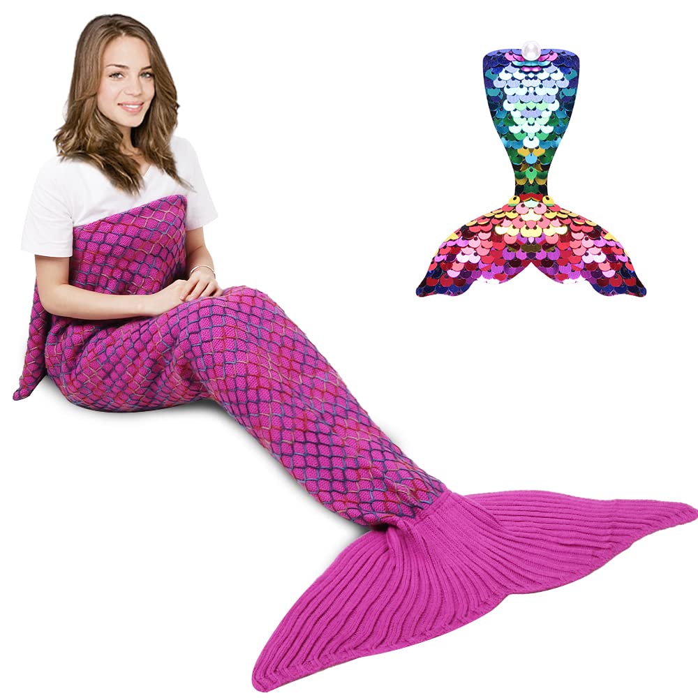 Amyhomie Mermaid Tail Blanket, Crochet Mermaid Blanket For Adults Soft All Seasons Sleeping Blankets Gift For Teen Girls Women(R