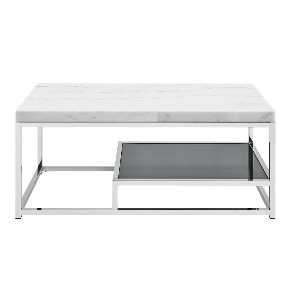 Steve Silver Company Rectangular Aston White Marble Top Cocktail Coffee Table, Marble Veneer Top, Tempered Black Glass, Chrome Sled Base, 47" L x 24" W x 20" H, White