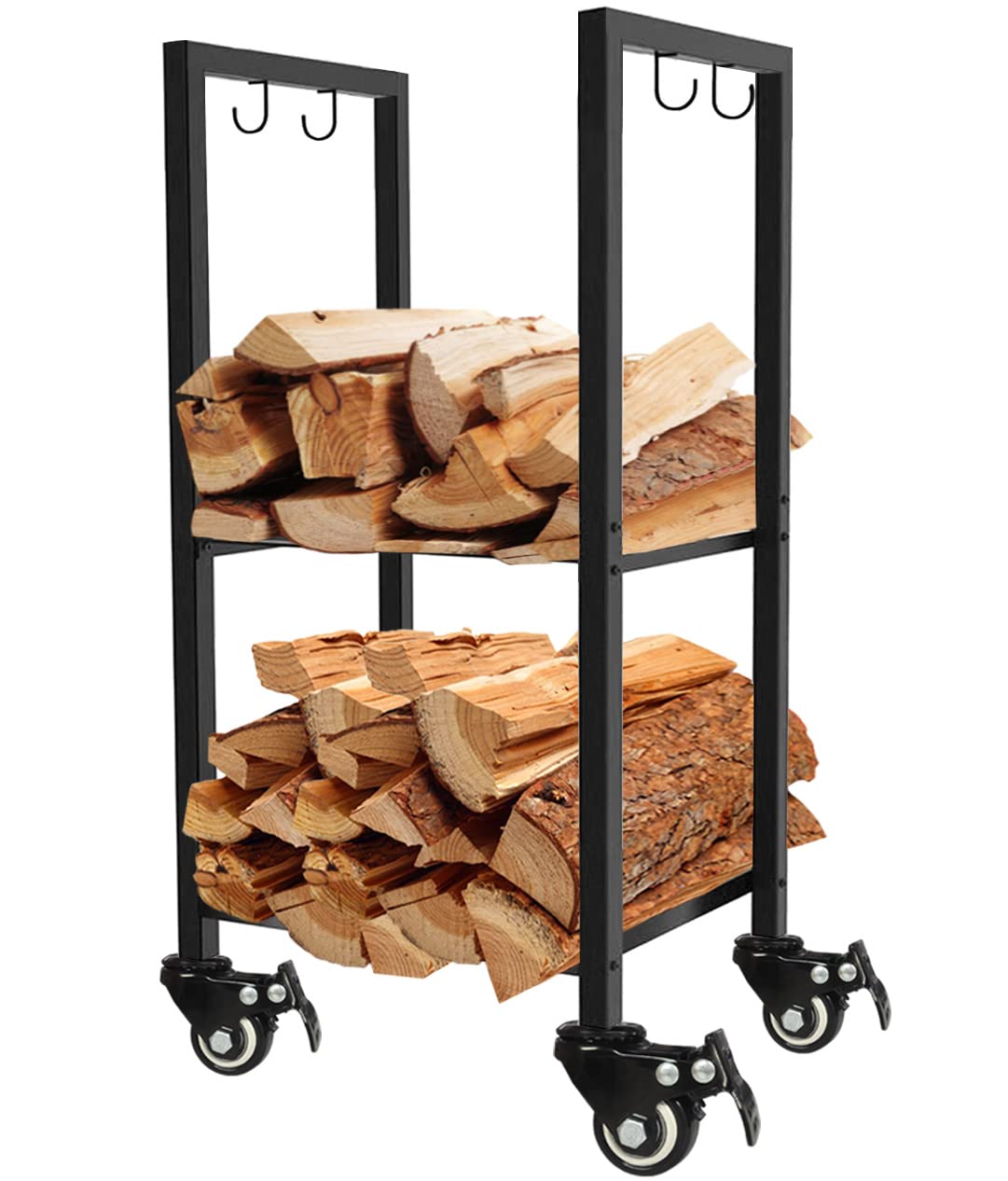 Koutemie 2 Tiers Small Firewood Log Storage Rack Holder With Wheels For Indoor Fireplace Or Outdoor Patio, Black