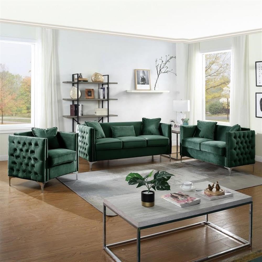 Lilola Home Bayberry Green Velvet Sofa Loveseat Chair Living Room Set