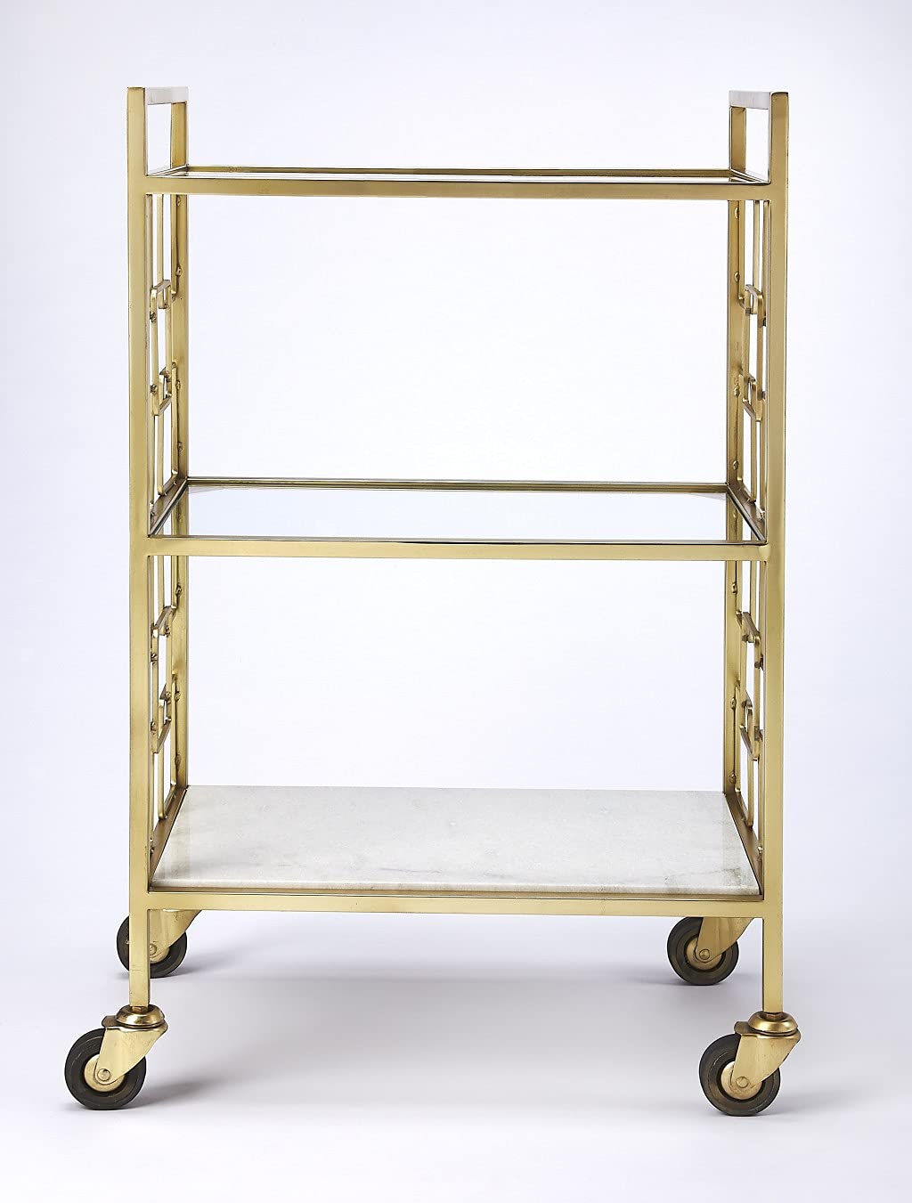 HomeRoots Stainless Steel, Glass, White Stone Polished Gold Bar Cart
