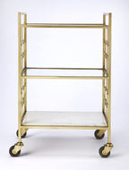 HomeRoots Stainless Steel, Glass, White Stone Polished Gold Bar Cart