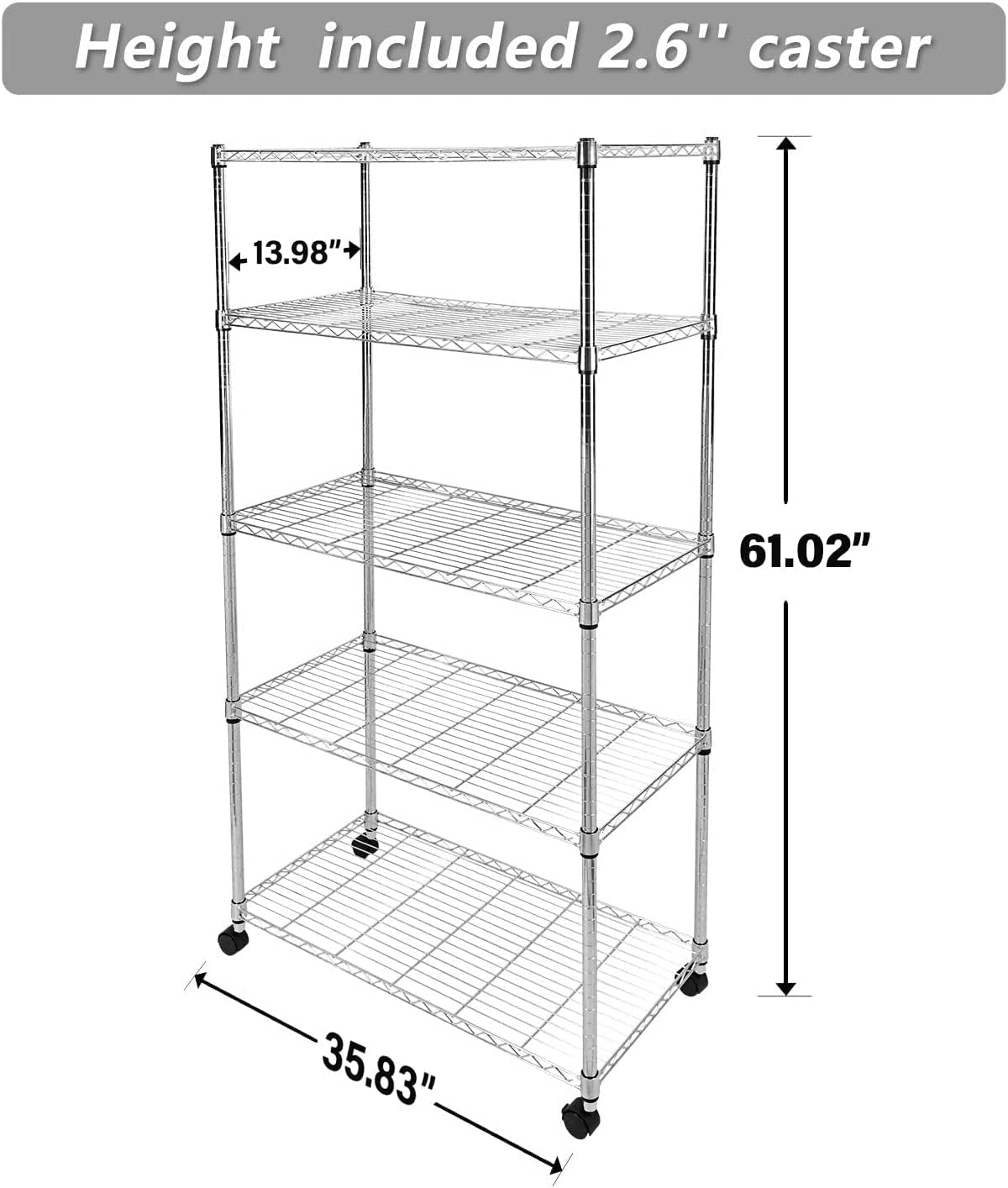 Ipower Simple Deluxe Heavy Duty 5-Tier Shelving Unit, 13.98''D X 35.83''W X 61.02''H Storage Shelving With 1250 Lbs Capacity, Chrome