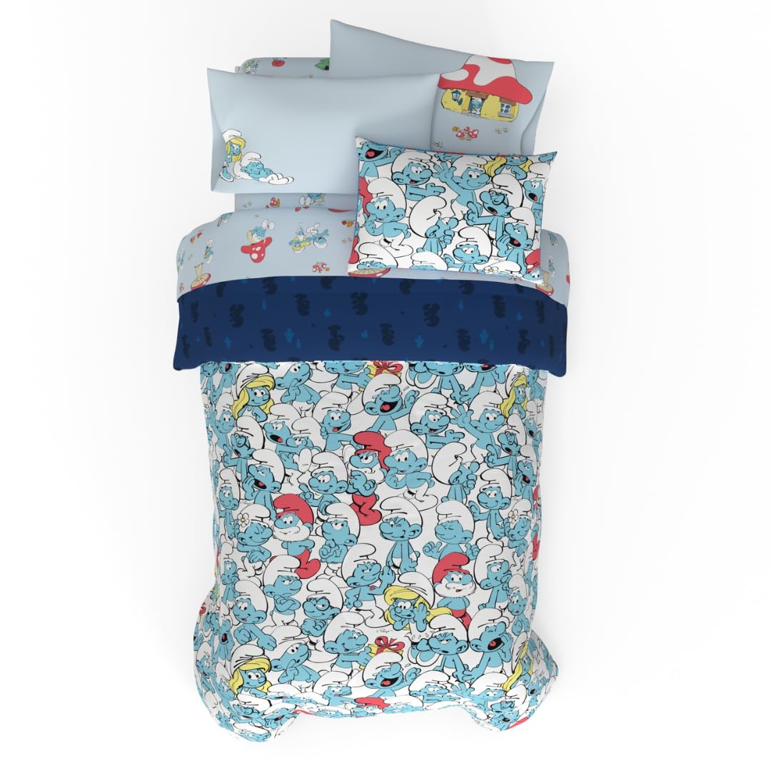 Franco The Smurfs Kids Bedding Super Soft & Cozy Reverisble Microfiber Comforter And Sheet Set With Sham, 5 Piece Twin Size, (Of