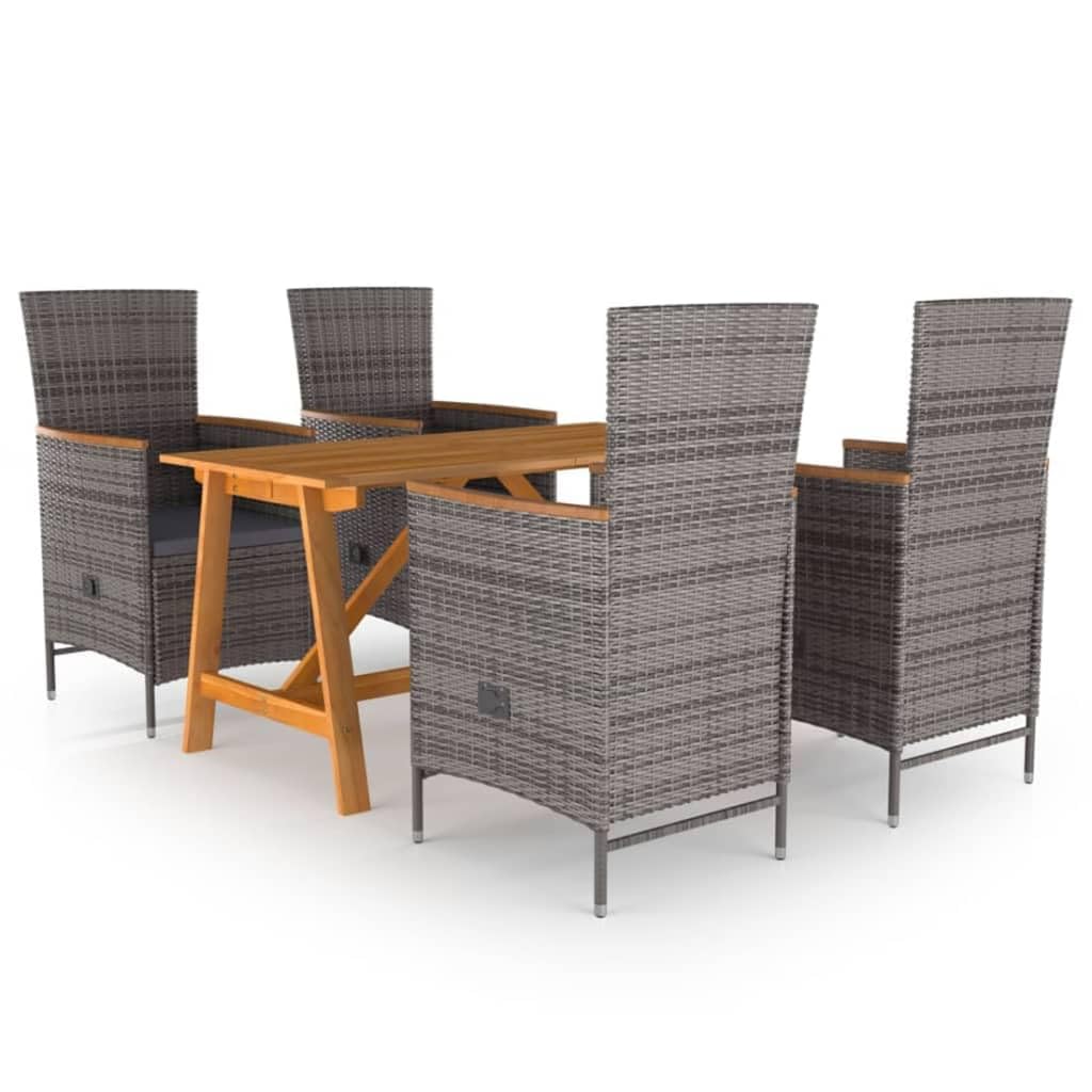 vidaXL-Outdoor 5-Piece Gray Patio Dining Set with Reclining Chairs - Weather-Resistant PE Rattan Furniture - Solid Acacia Wood Table