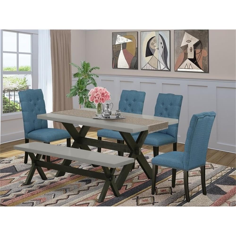 East West Furniture X696El121-6 6 Piece Kitchen Table & Chairs Set Contains A Rectangle Wooden Table And 4 Blue Linen Fabric Parson Chairs With A Bench, 36X60 Inch, Multi-Color