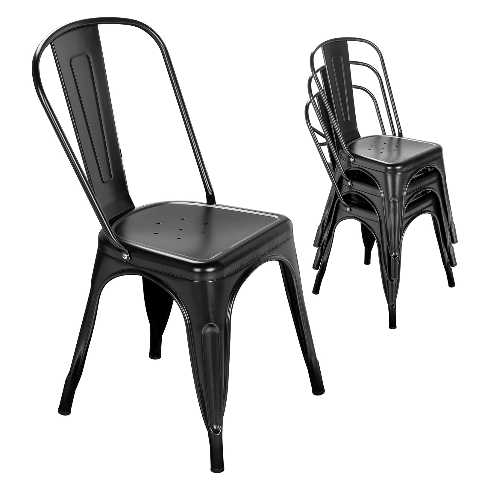 Nazhura Metal Dining Chair Farmhouse Tolix Style For Kitchen Dining Room Café Restaurant Bistro Patio, 18 Inch, Stackable, Waterproof Indoor/Outdoor (Sets Of 4) (Black)