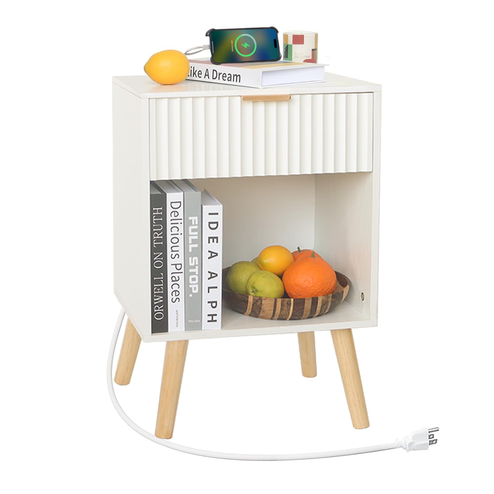 Fultyle White Nightstand with Charging Station, Mid Century Modern Bedside Table with Drawers and Outlet,Side Tables Living Room