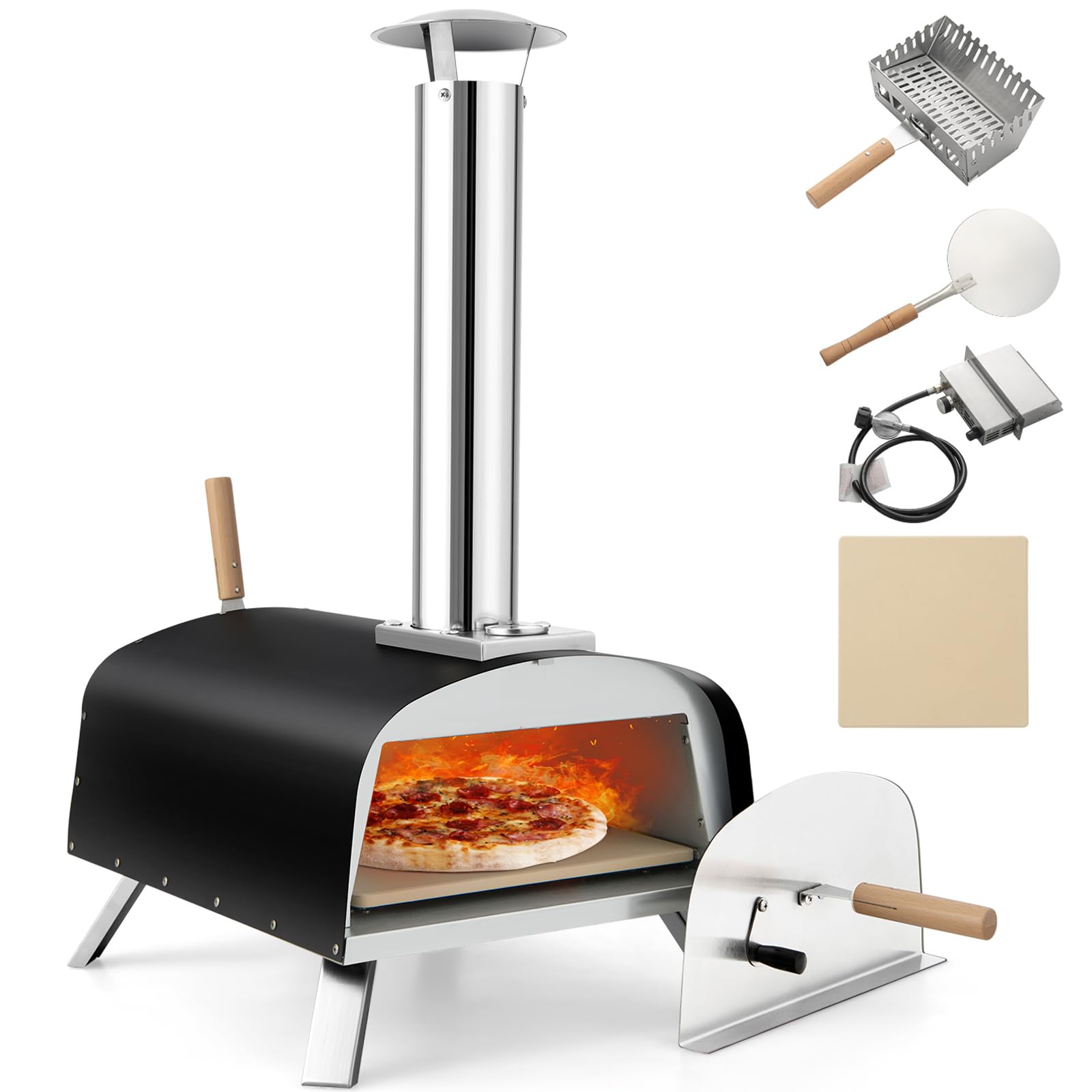 Giantex Pizza Oven Outdoor, Propane And Wood Fired Pizza Maker With 13' Pizza Stone, Pizza Peel, Gas Burner With Regulator, Bui