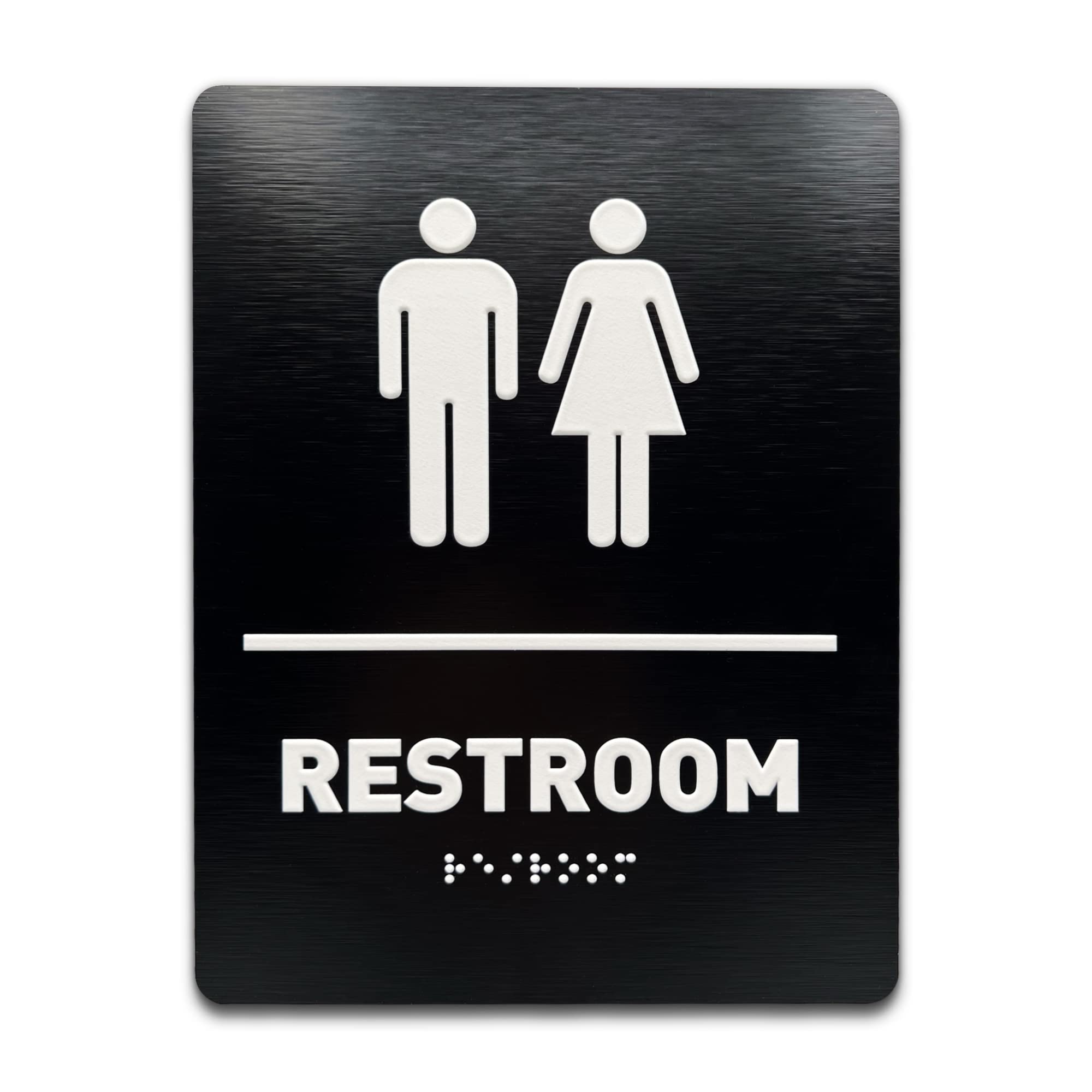 Unisex Restroom Identification Sign - Ada Compliant Bathroom Sign, Raised Icons, Raised Braille, Brushed Black, Tco Inspection C