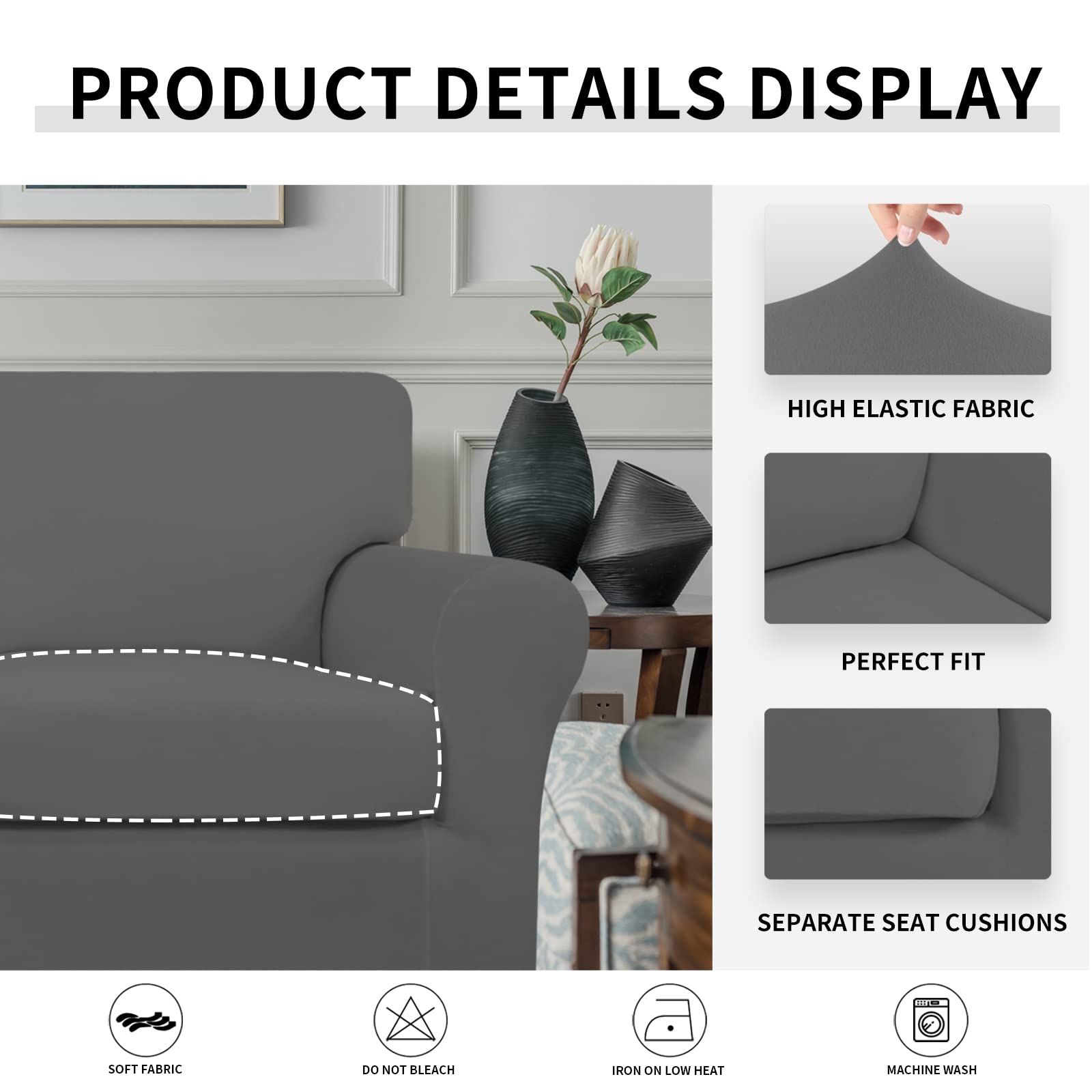 Easy-Going 2 Pieces Microfiber Stretch Chair Slipcover - Spandex Soft Fitted Sofa Couch Cover Washable Furniture Protector With Elastic Bottom Kids Pet Grey