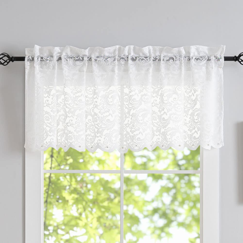 Lace Kitchen Valances For Windows With Pearls 18 Inch Length Vintage Floral Sheer Kitchen Curtains Small Window Valance For Livi