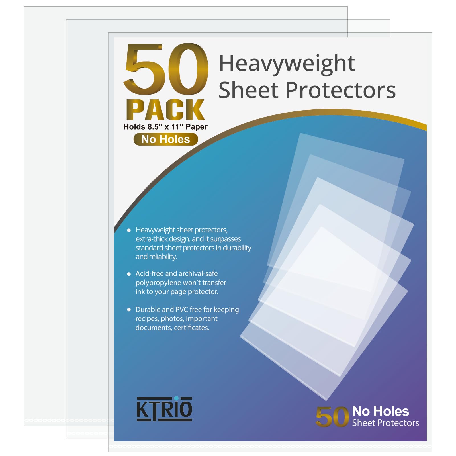 Ktrio No Holes Sheet Protectors 8.5 X 11 Inch Heavy Duty Clear Page Protectors, Plastic Paper Document Sleeves, Letter Size, Top