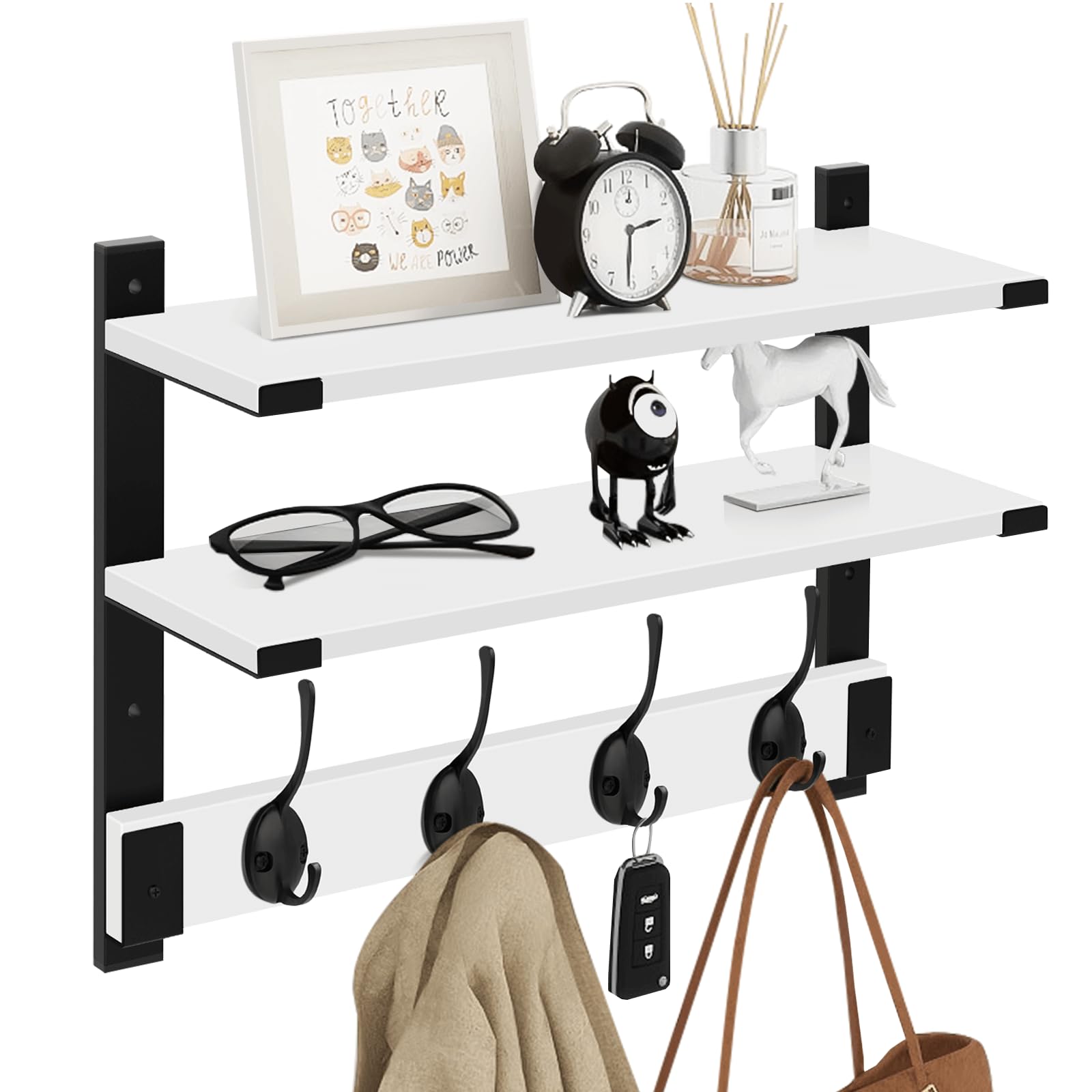 Homode Two-Tier Coat Rack with Shelf, 17 Inch Wood Coat Hanger Wall Mount, Entryway Wall Shelf with Heavy Duty Key Hooks, Hangin