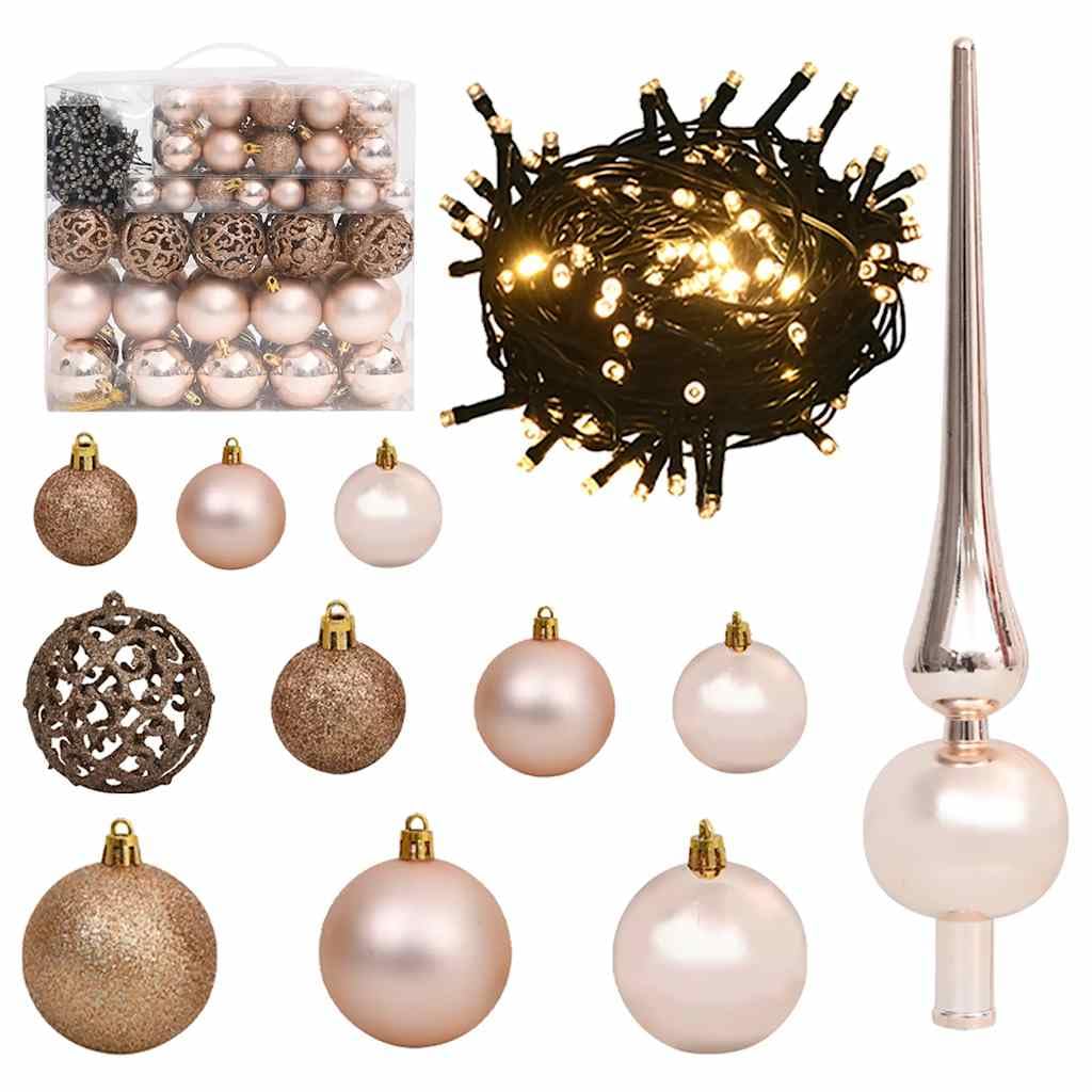 vidaXL Christmas Ball Set, 120 Pieces, with Peak & 300 LED Lights, Different Modes, Shiny, Matt & Glitter Rose Gold, Safe Plasti