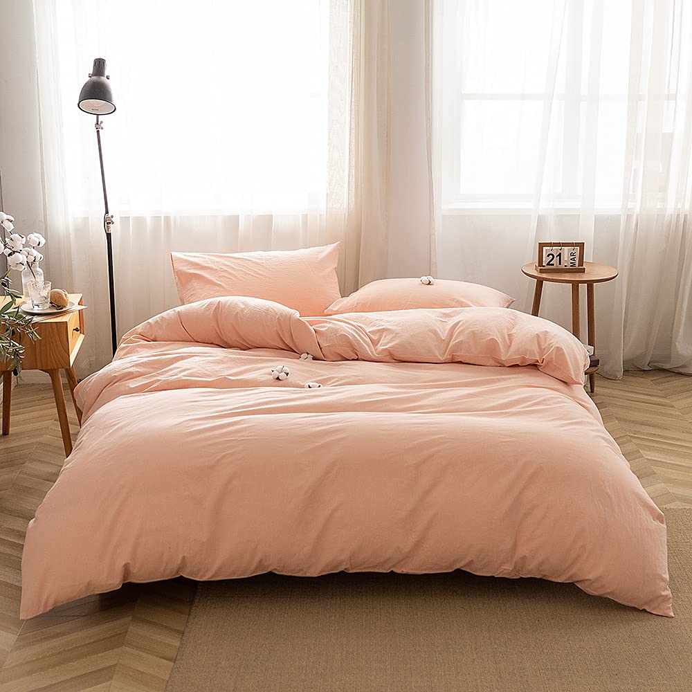 Face Two Face Bedding Duvet Cover Set100% Washed Cotton Duvet Cover Linen Like Textured Breathable Durable Soft Comfy(Full, Pink)