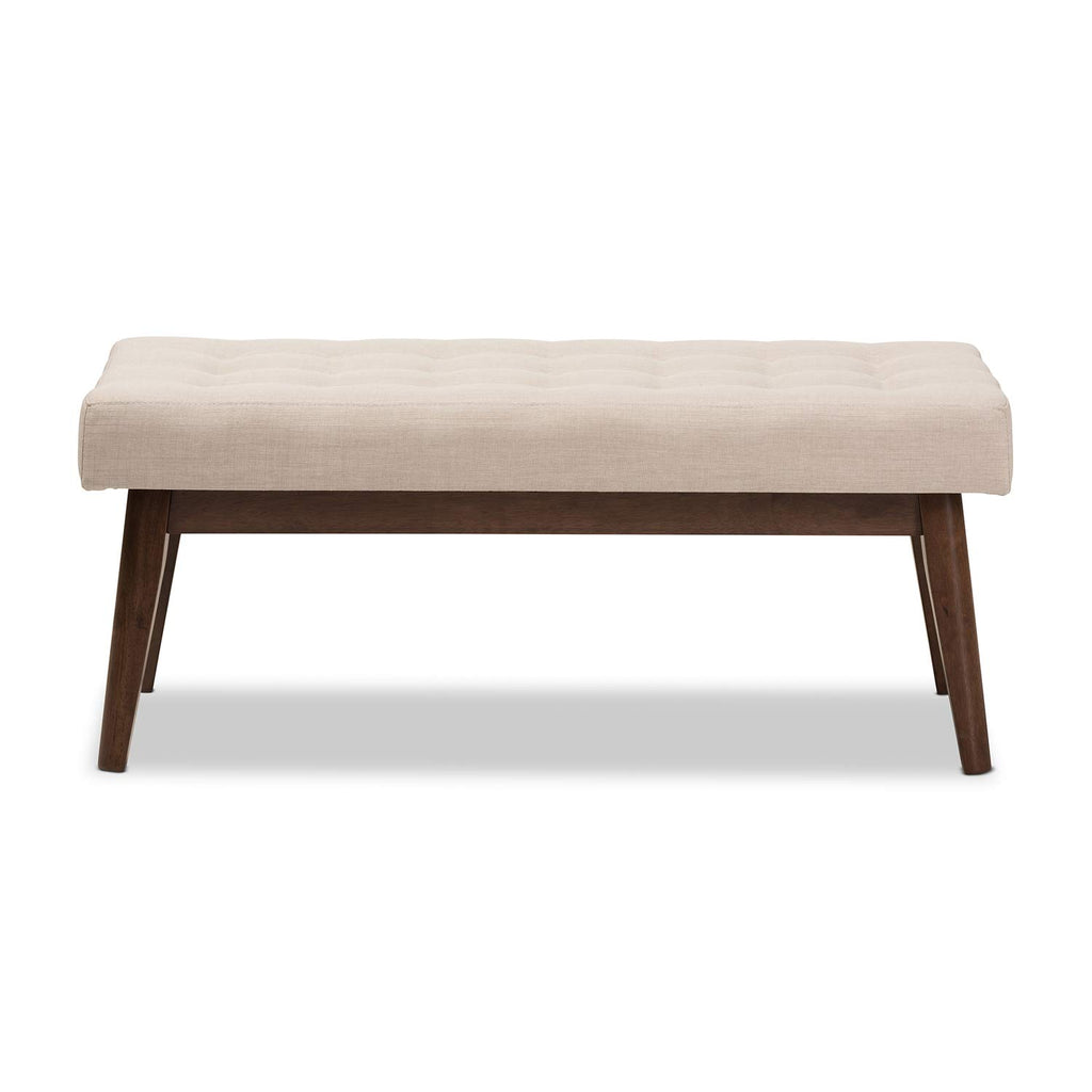 Baxton Studio Elia Mid-Century Modern Walnut Wood Light Beige Fabric Button-Tufted Bench/Mid-Century/Light Beige/Walnut Brown/Fabric Polyester 100%"/Rubber Wood