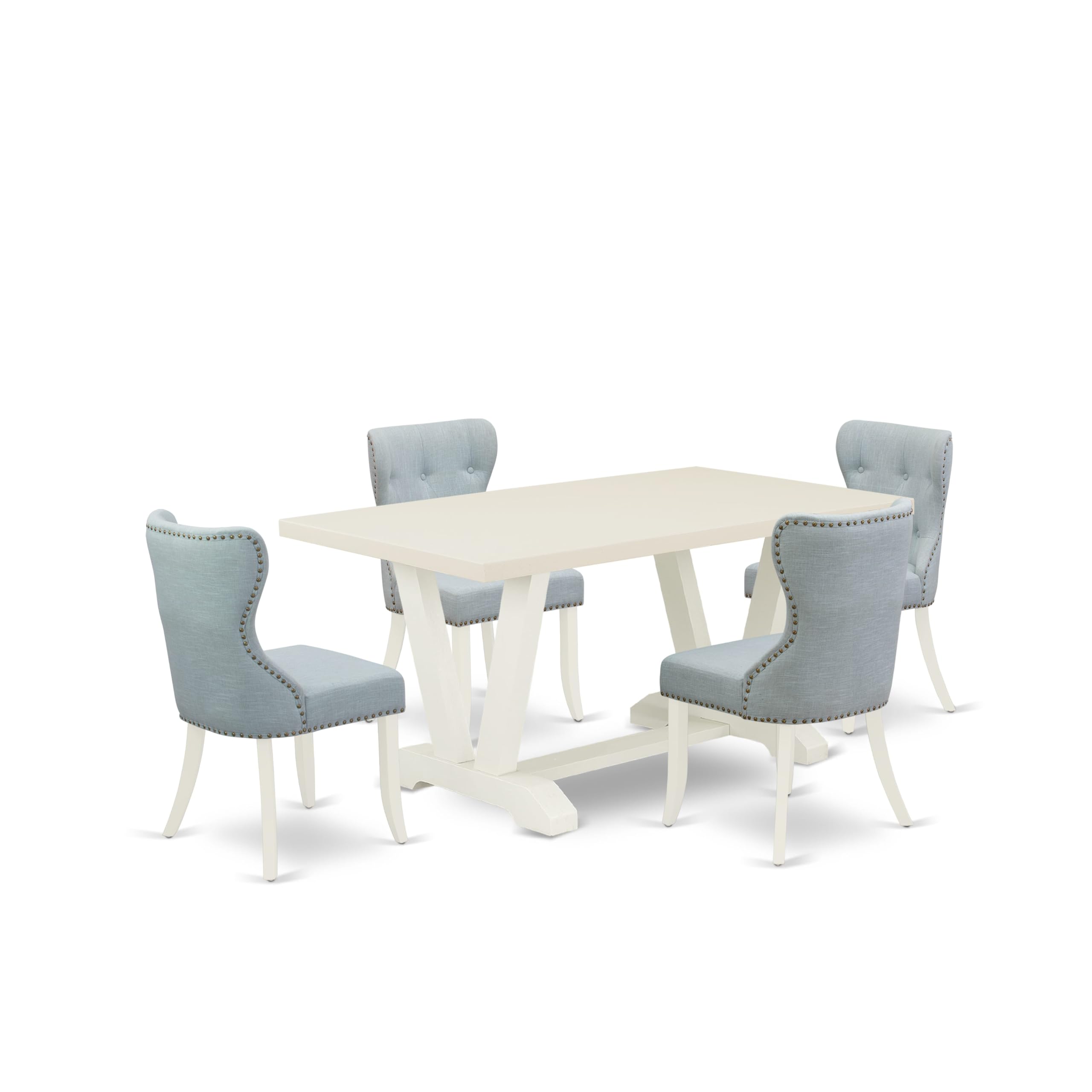 East West Furniture V026SI215-5 5 Piece Modern Dining Table Set Includes a Rectangle Wooden Table with V-Legs and 4 Baby Blue Li