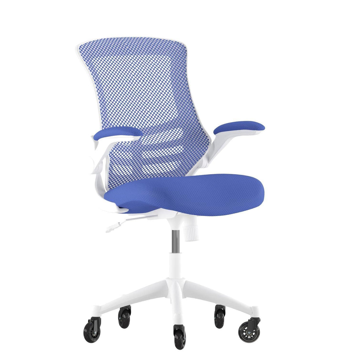 Flash Furniture Kelista Mid-Back Blue Mesh Swivel Ergonomic Task Office Chair With White Frame, Flip-Up Arms, And Transparent Roller Wheels