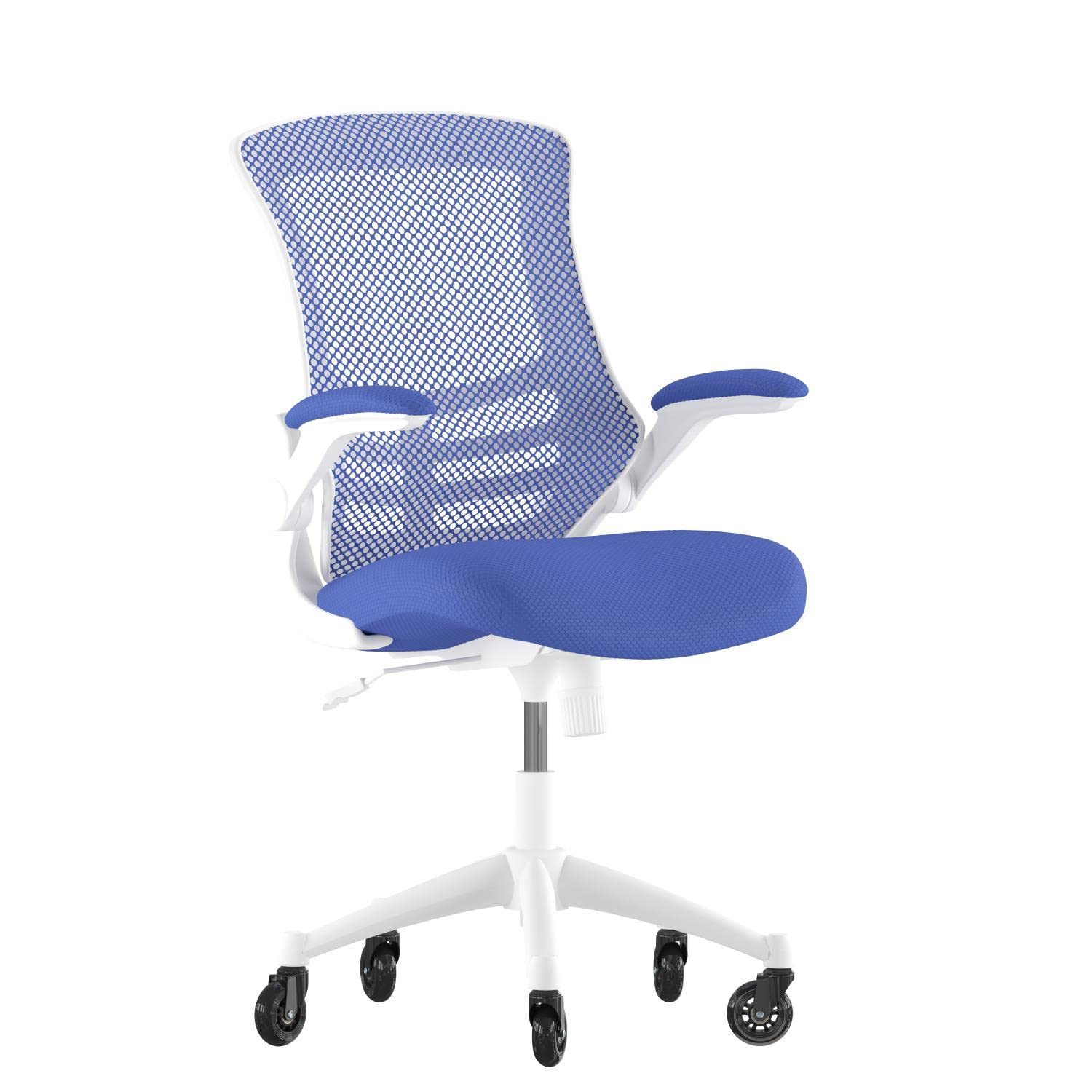 Flash Furniture Kelista Mid-Back Blue Mesh Swivel Ergonomic Task Office Chair With White Frame, Flip-Up Arms, And Transparent Roller Wheels