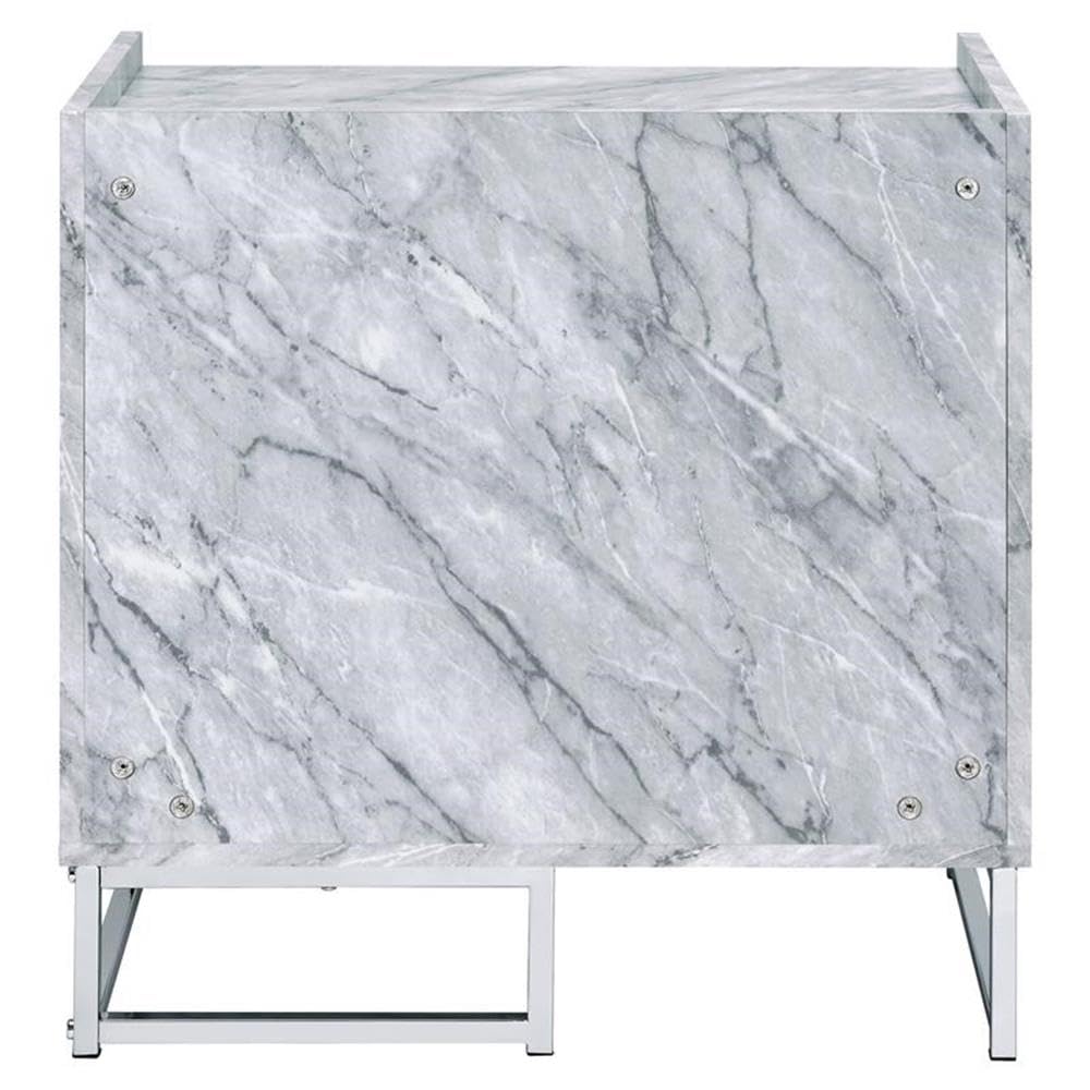 Acme Azrael Faux Marble Nightstand With Metal Base In White And Chrome