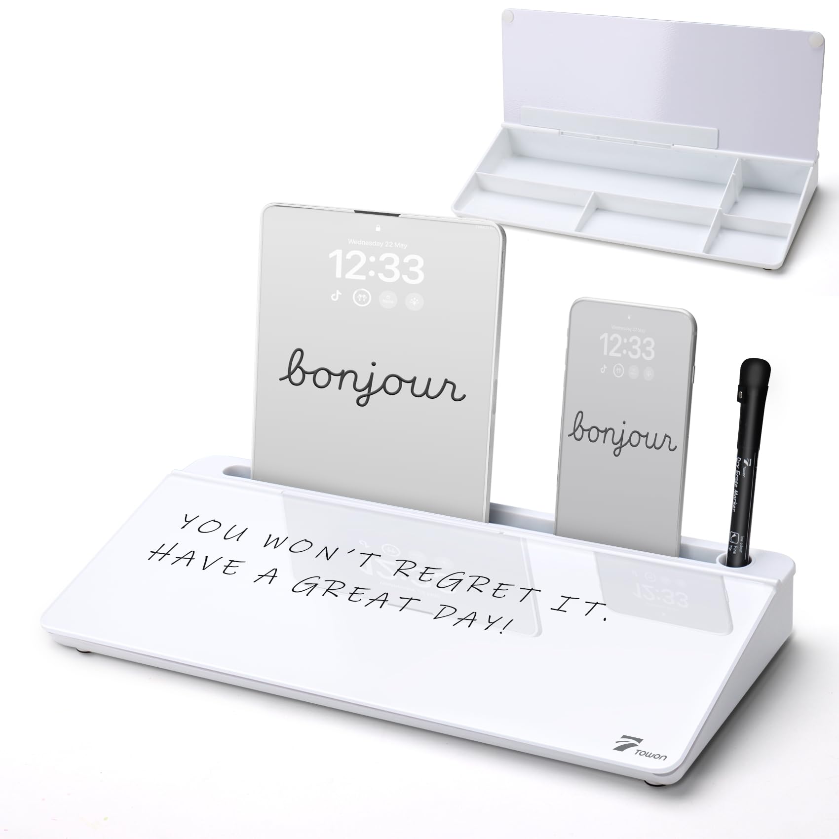 Towon Small Tilted Desktop Glass Whiteboard, Notepad Computer Keyboard Stand With Dry Erase Board Surface, Desk Organizers With