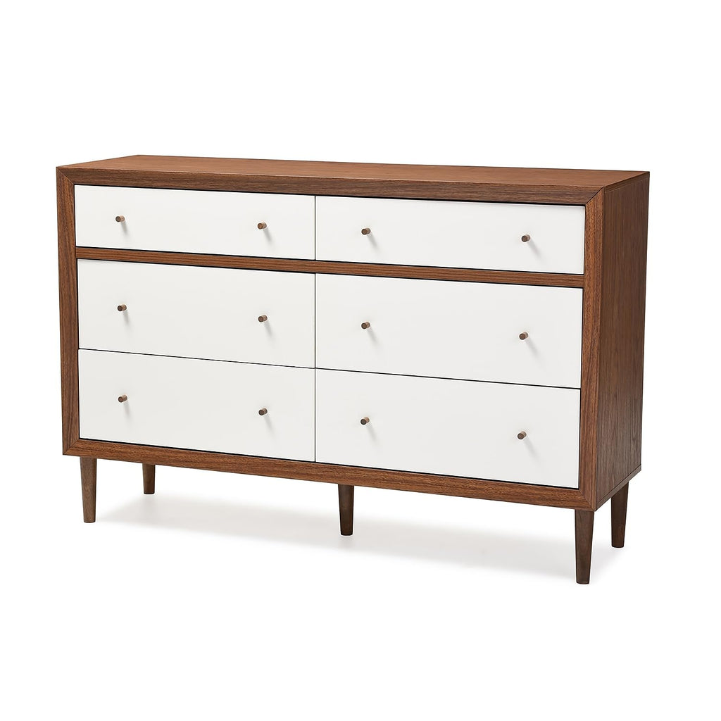 Baxton Studio Harlow 35.69-inch High 6-Drawer Dresser, Walnut Brown and White (121-6781-HiT)
