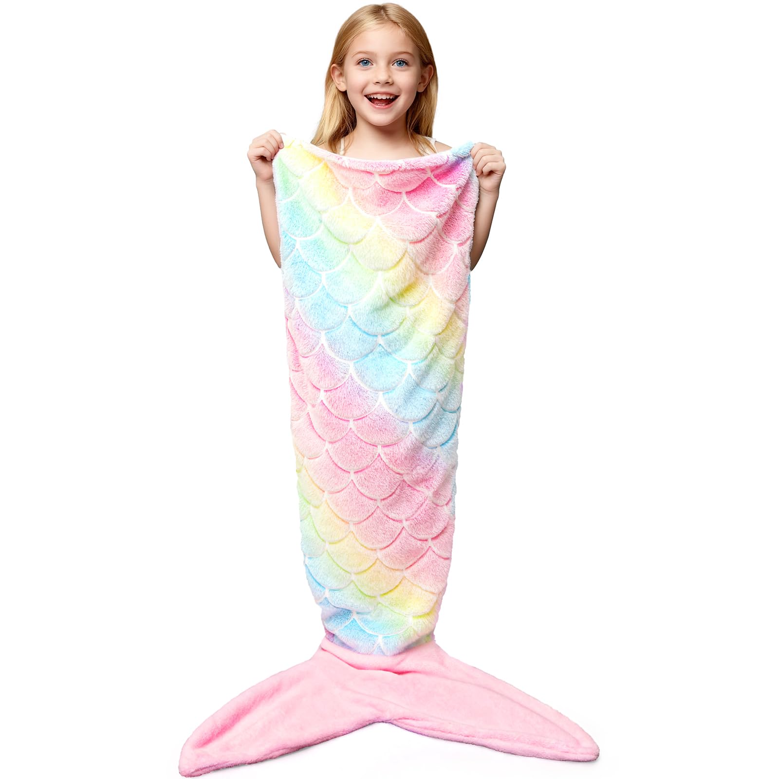 WERNNSAI Mermaid Tail Blanket - Glow in The Dark Mermaid Wearable Blanket for Girls Kids Soft Flannel Scale Sleeping Bags Winter