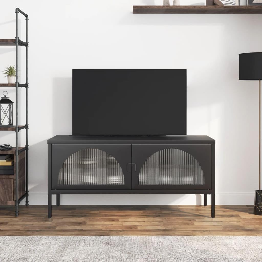 vidaXL Modern TV Stand – Black, Powder-Coated Steel and Fluted Glass, with Adjustable Shelf and Levelers, Ideal for TV and Stereo Systems, 41.3"x13.8"x19.7"
