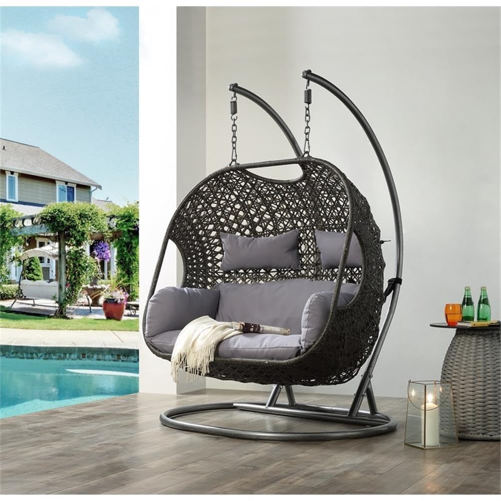 Acme Vasant Outdoor Hanging Chair with Stand, Gray Fabric & Wicker, Stylish Patio Seating for Relaxation and Comfort