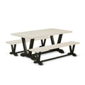 East West Furniture V2-627 3 Piece Modern Dining Table Set Contains a Rectangle Wooden Table with V-Legs and 2 Dining Room Bench, 40x72 Inch, Multi-Color