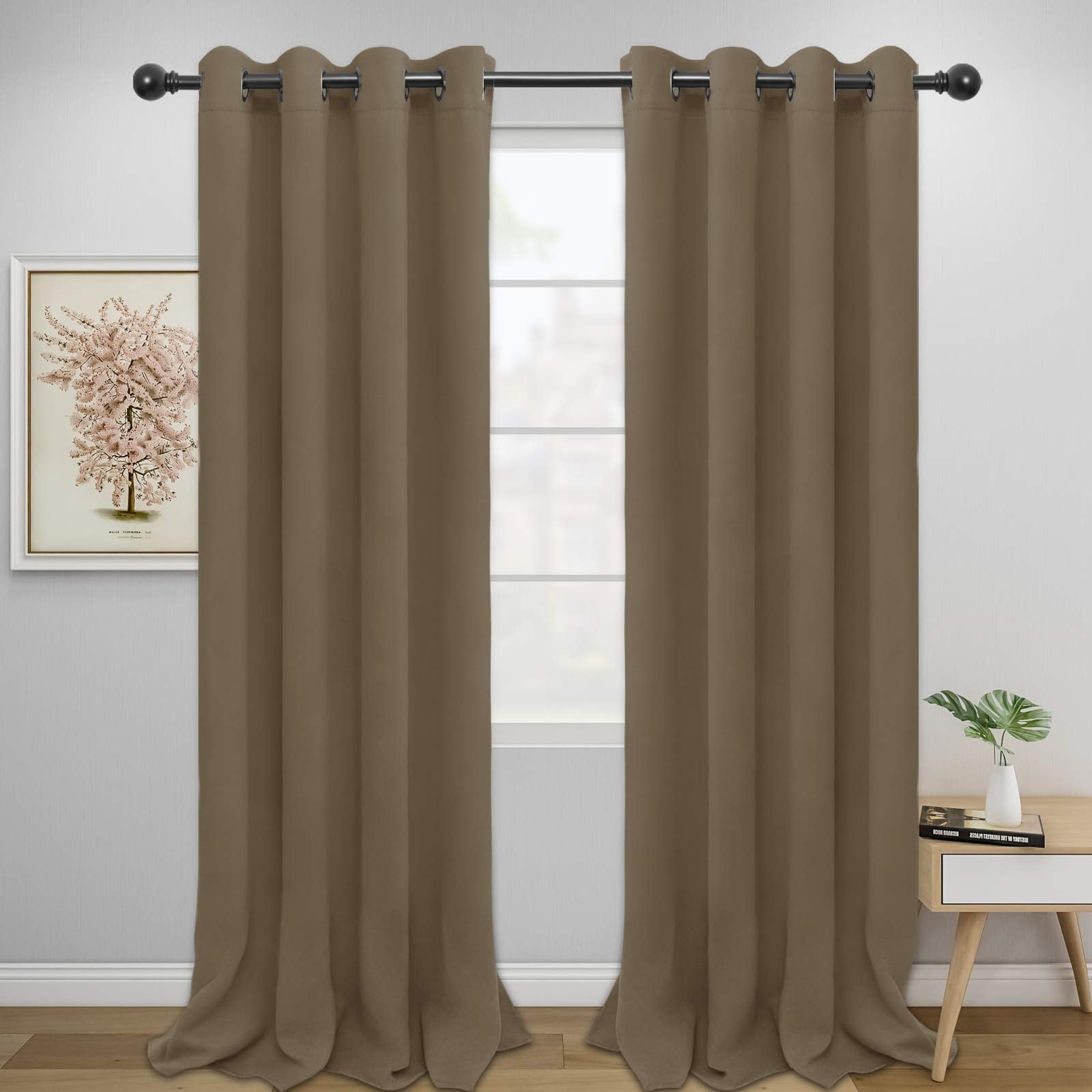 Easy-Going Blackout Curtains For Bedroom, Solid Thermal Insulated Grommet And Noise Reduction Window Drapes, Room Darkening Curtains For Living Room, 2 Panels (52X96 In,Natural)