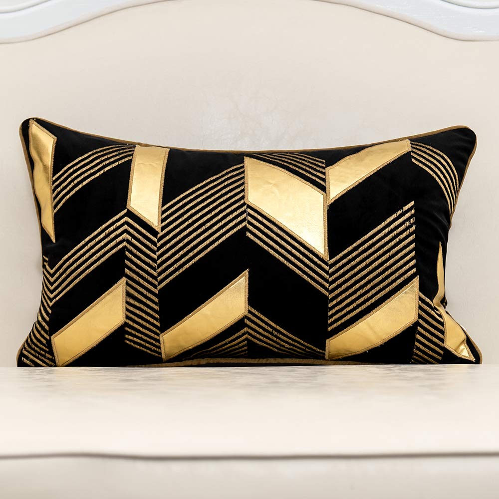 Alerfa 12 X 20 Inches Black Geometric Gold Leather Striped Cushion Cases Embroidery Modern Throw Pillow Covers Decorative Pillow