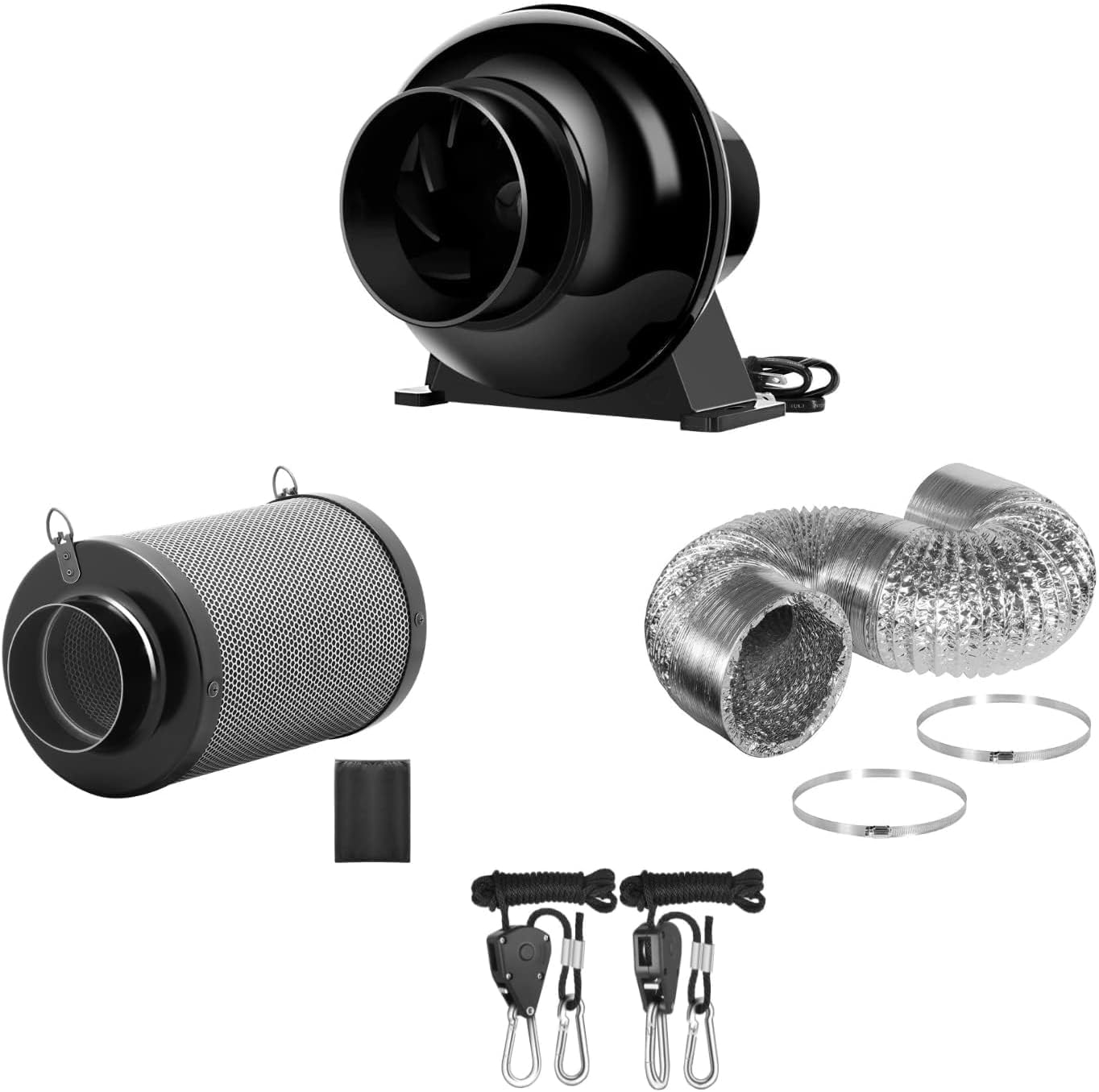 Ipower 4 Inch 195 Cfm Inline Fan Circulation Exhaust Blower, Air Carbon Filter, 8 Feet Ducting And 1-Pair Rope For Grow Tent Ven